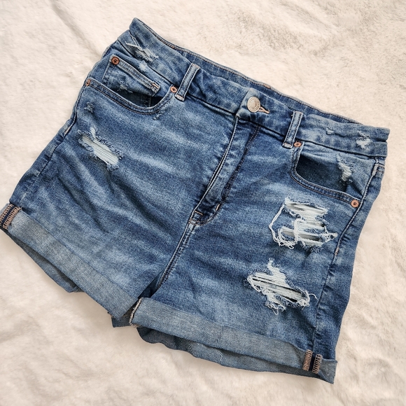 AMERICAN EAGLE AEO CURVY HI-RISE JEAN DENIM SHORTS SUPER STRETCH 10 DISTRESSED - Picture 1 of 8